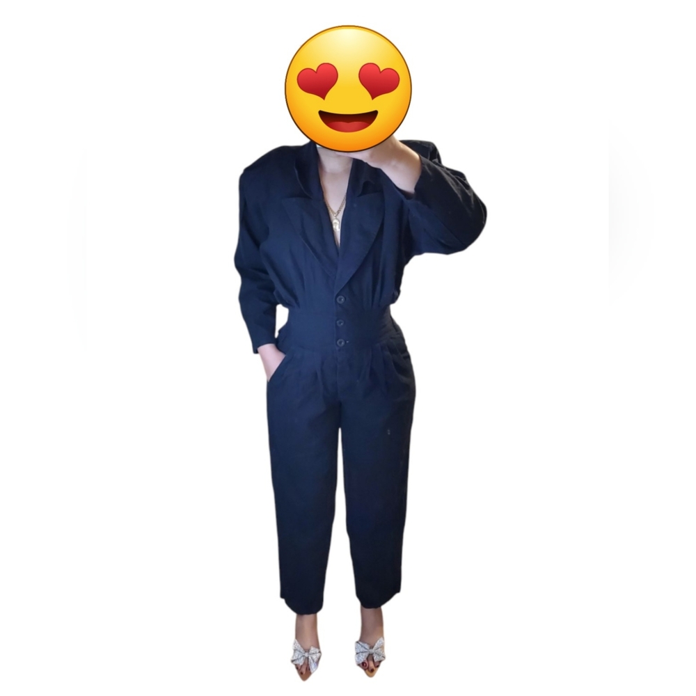 Vintage Please Thank You  Women's Linen Black Long Sleeve V-Neck Jumpsuit